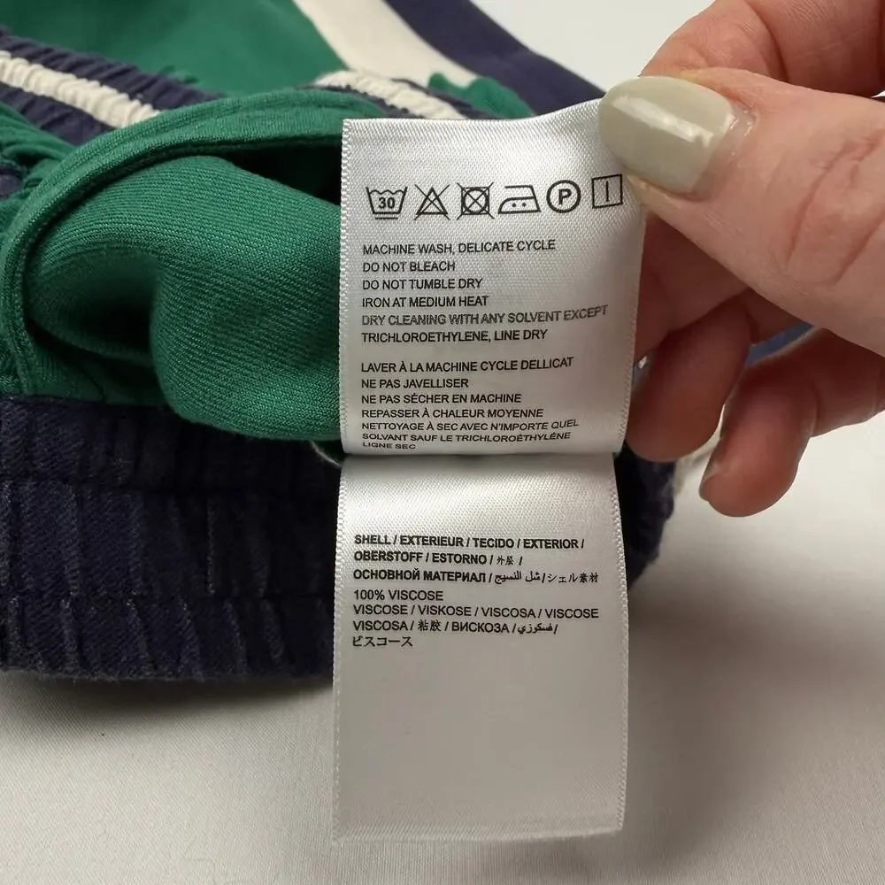 Farm Rio x Anthropologie Green Navy Wide Leg Track Pants Striped Drawstring S - Picture 10 of 16